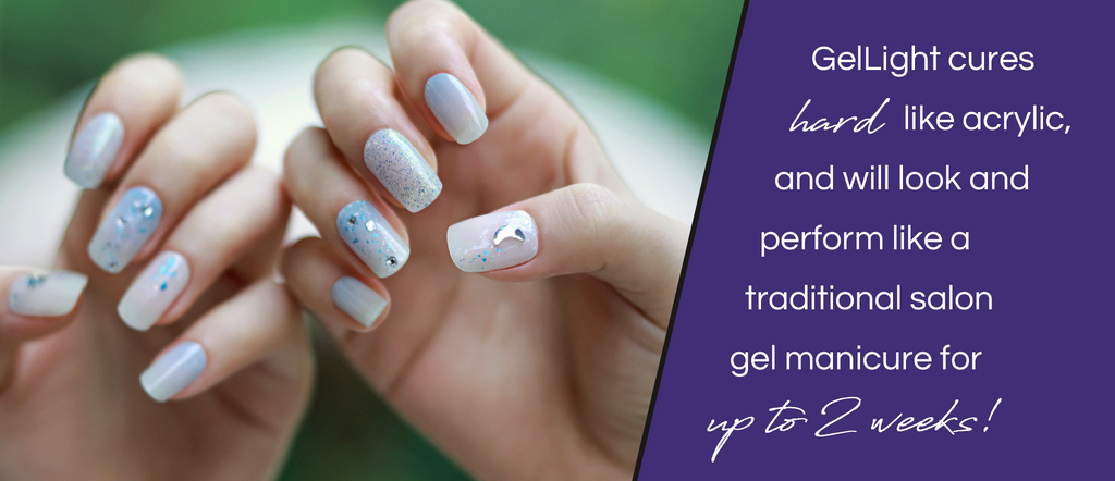 GelLight cures hard like acrylic, and will look and perform like a traditional salon gel manicure for up to 2 weeks!